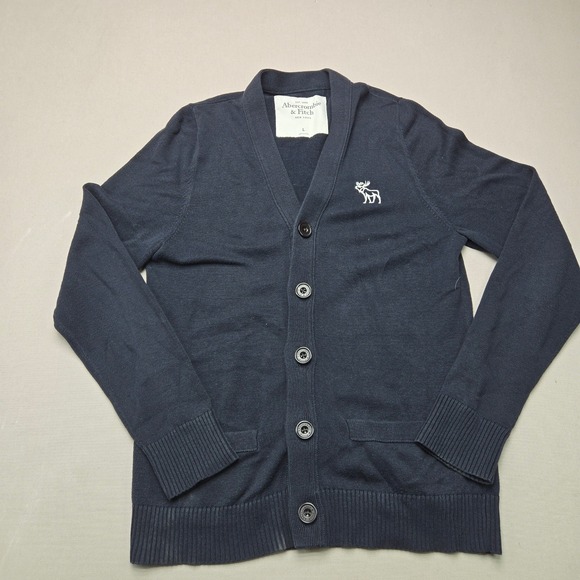 Abercrombie & Fitch Other - Abercrombie & Fitch Cardigan Sweater Moose Logo Navy Blue Mens L Cotton Knit